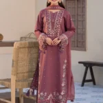 Mauve 3-piece embroidered lawn suit for women with chiffon dupatta by Lubaba Luxury