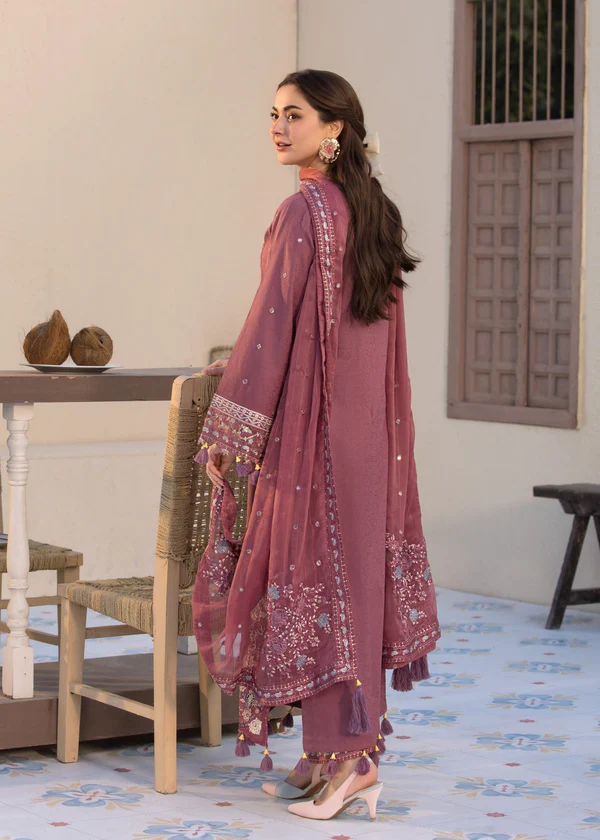 Mauve 3-piece embroidered lawn suit for women with chiffon dupatta by Lubaba Luxury