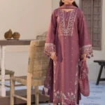 Mauve 3-piece embroidered lawn suit for women with chiffon dupatta by Lubaba Luxury