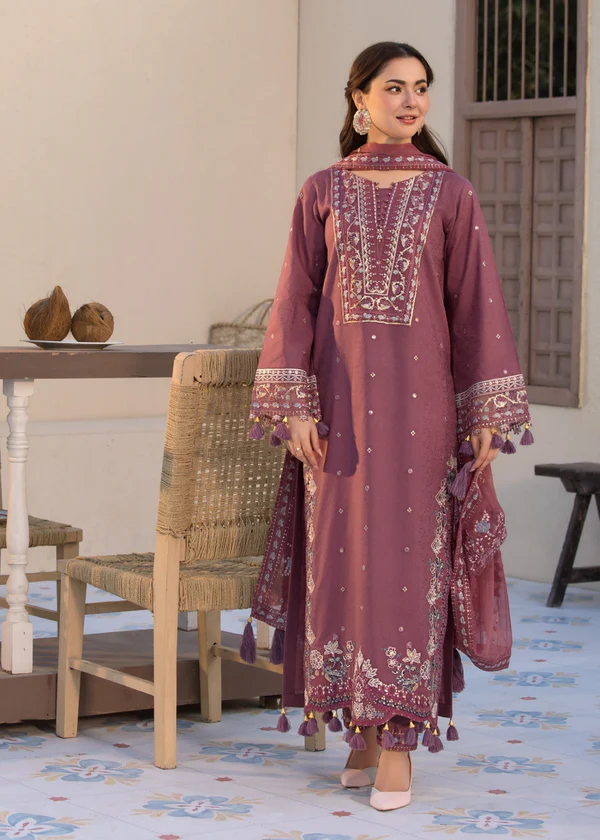 Mauve 3-piece embroidered lawn suit for women with chiffon dupatta by Lubaba Luxury
