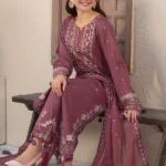Mauve 3-piece embroidered lawn suit for women with chiffon dupatta by Lubaba Luxury