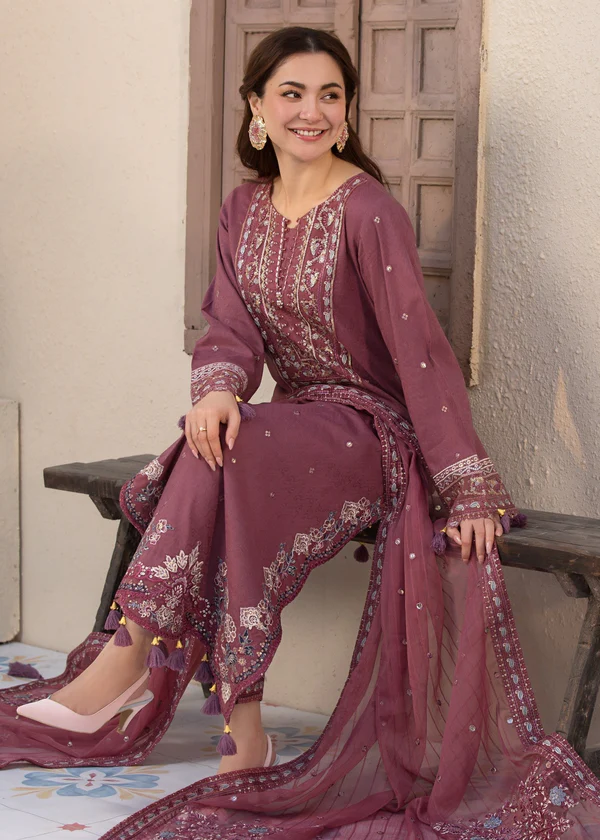 Mauve 3-piece embroidered lawn suit for women with chiffon dupatta by Lubaba Luxury